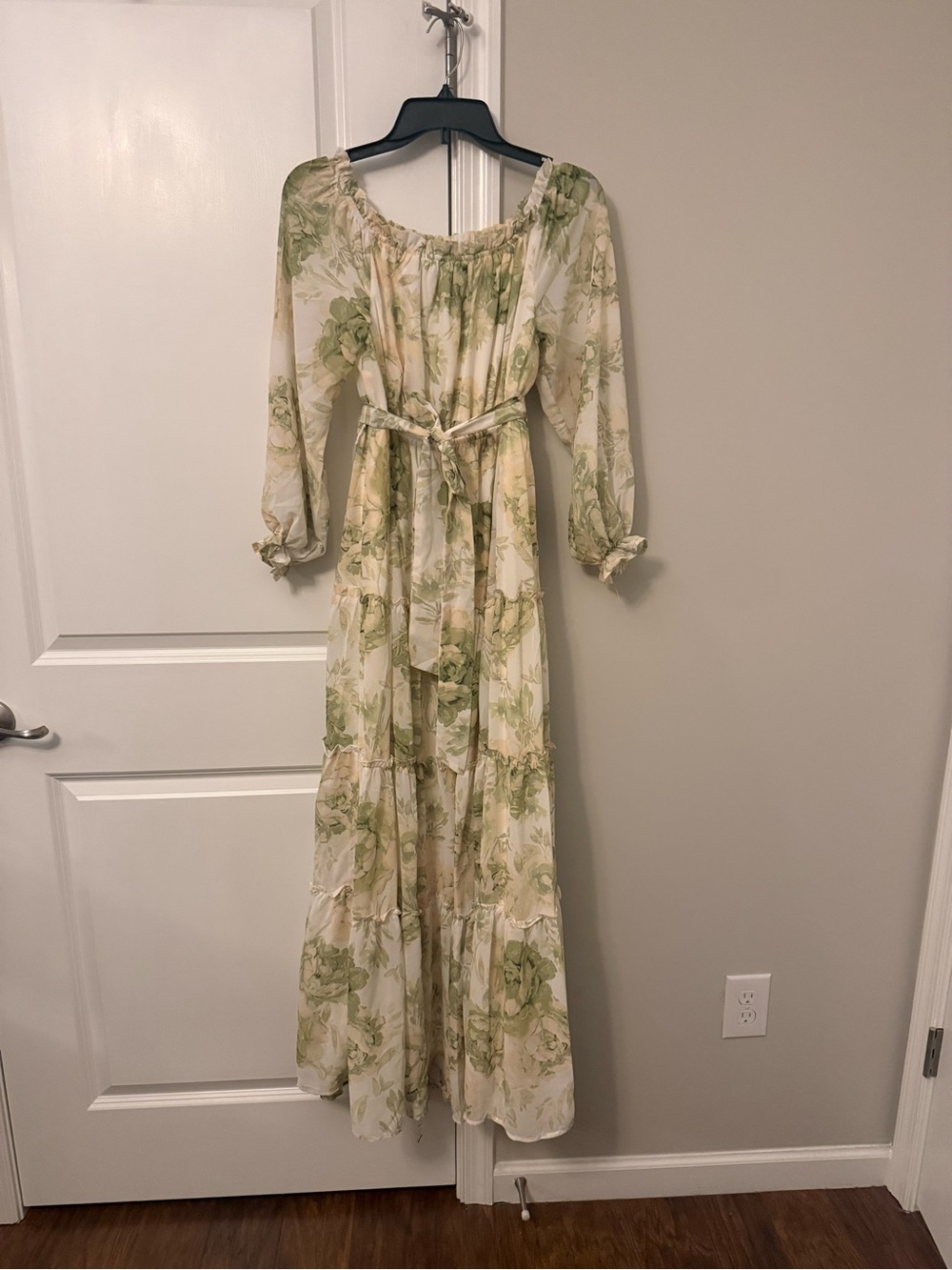 Aura Cream and Green Floral Maxi Dress with Self-Tie Waist